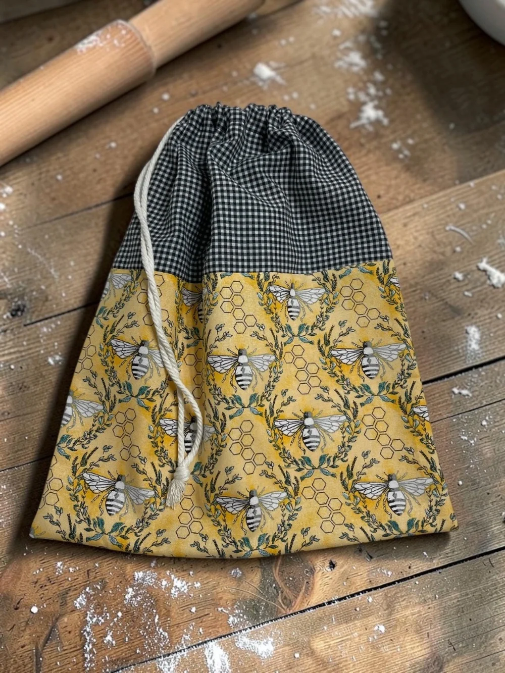 Yellow Bumblebee Bread Bag, Black White Checkered Cotton Bread Bag, Reusable Bag